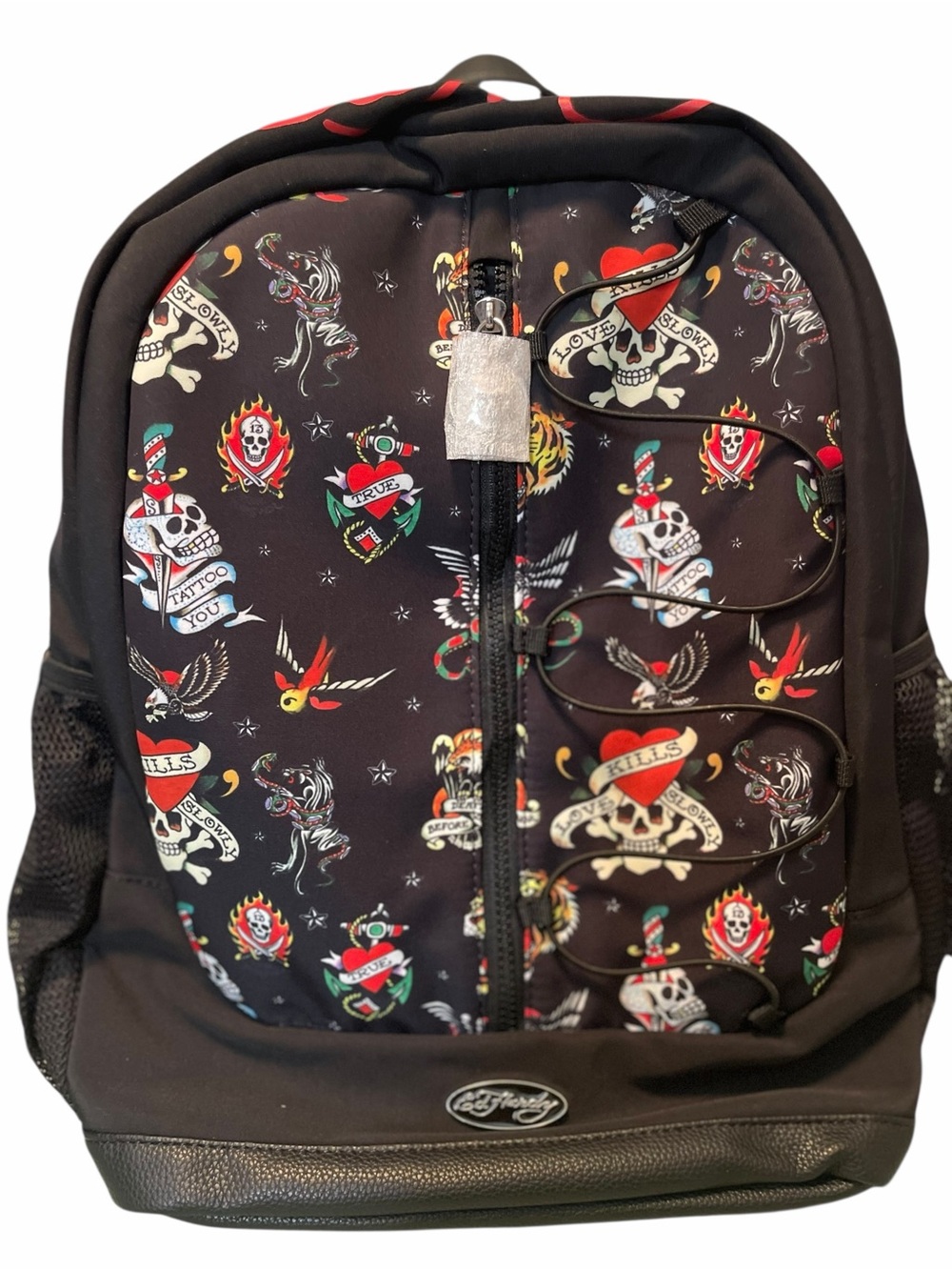 Ed Hardy Black Backpack with Red and Green Tattoo Motifs